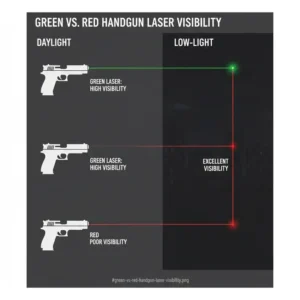 Side by side comparison of green and red laser visibility for the best handgun light laser combo.