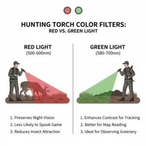 Explaining the benefits of using red and green light filters on the best hunting torch.