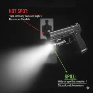 Diagram showing the lumen brightness and beam spill of the best laser light combo for pistol.