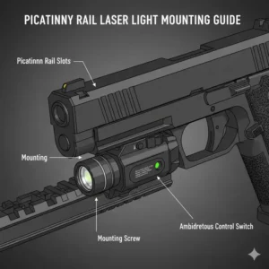Technical diagram of the Picatinny rail mounting process for the best laser light combo.