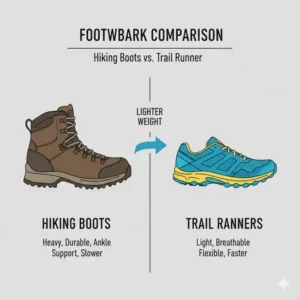 A side-by-side comparison of heavy boots versus breathable trail runners, highlighting footwear choices for hiking light.