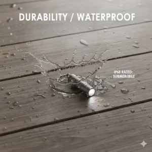 A graphic illustration showing the waterproof durability of the best keychain torch being splashed with water.