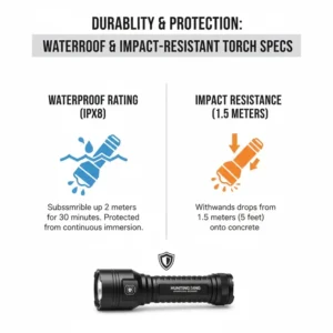 A graphic showing the waterproof and impact resistance levels of the best hunting torch.