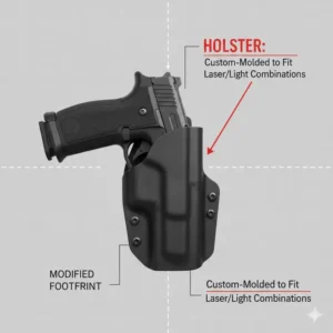 Illustration of a handgun with the best laser light combo for pistol fitted into a custom-molded holster.