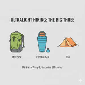 An infographic displaying the big three gear essentials including a lightweight backpack, sleeping bag, and tent for hiking light.