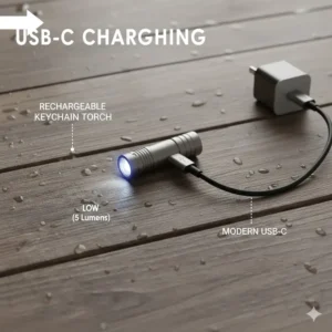 An illustration of a modern USB-C rechargeable best keychain torch plugged into a charging cable.