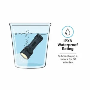 An illustration of a durable hiking flashlight submerged in water to show its waterproof rating.