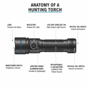 A detailed anatomy diagram labeling the internal components of the best hunting torch.