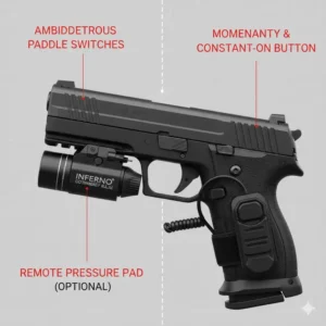 Close-up of the ambidextrous activation switches on the best laser light combo for pistol.