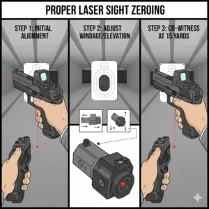 Instructional graphic showing how to properly zero the best laser sight with a firearm's iron sights.
