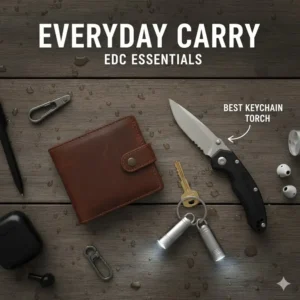 A flat-lay illustration of EDC essentials featuring a pocket knife, wallet, and the best keychain torch.