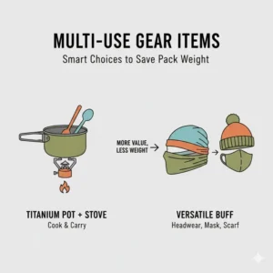 An illustration of multi-functional gear like titanium pots and versatile buffs designed for saving weight while hiking light.