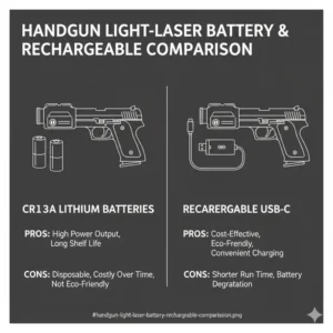 Infographic comparing USB rechargeable and CR123A battery life for the best handgun light laser combo.
