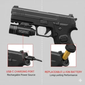 Demonstration of the USB-C charging port and battery compartment of the best laser light combo for pistol.