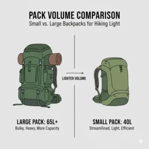 A pack volume comparison showing the difference between a bulky 65L pack and a streamlined 40L backpack for hiking light.