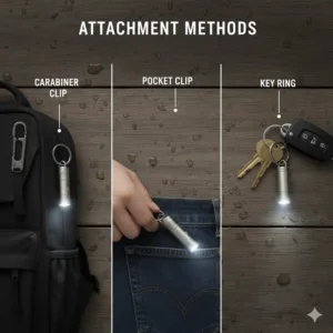 An illustration showing different attachment methods like carabiners and clips for the best keychain torch.