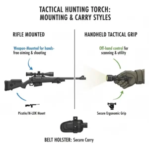 An illustration of different mounting styles and grips for the best hunting torch.