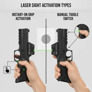 Illustration of different activation methods like grip sensors and side buttons used on the best laser sight brands.
