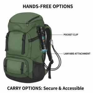 Illustration of a hiking flashlight securely attached to a backpack using a pocket clip and lanyard.