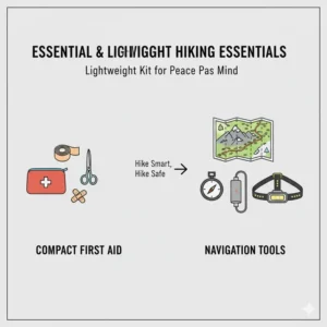 A flat-lay illustration of a compact first aid kit and navigation tools necessary for maintaining safety while hiking light.