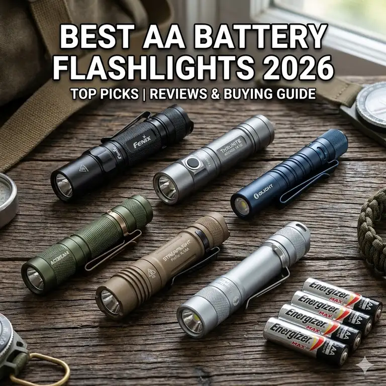 A collection of the best aa battery flashlight models for 2026 displayed on a wooden surface with outdoor gear.
