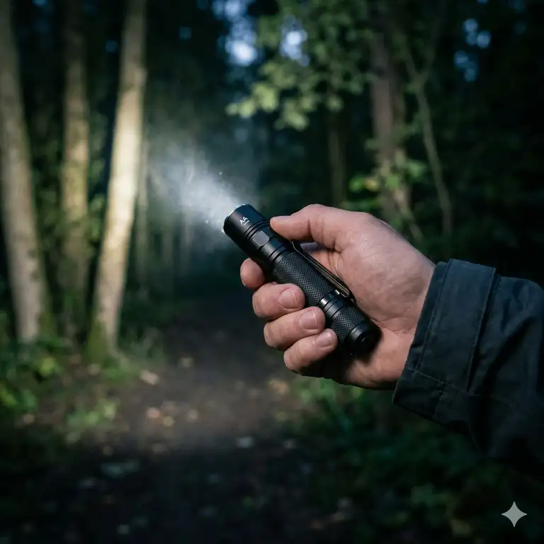A professional handheld aa flashlight glowing with a bright white beam in a dark forest.