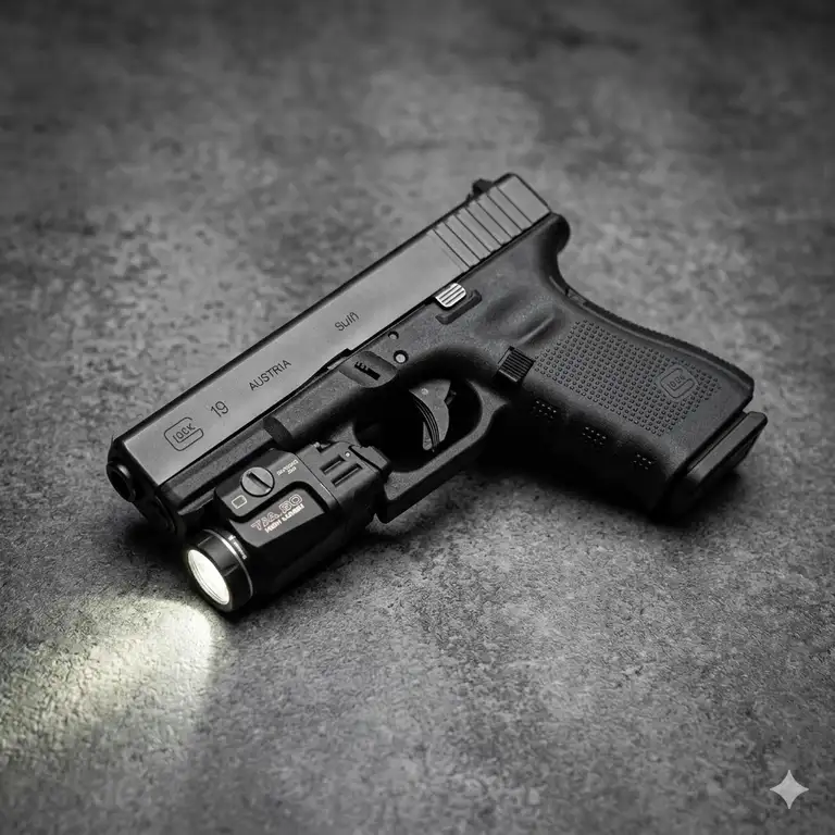 A professional studio shot of the best light for glock mounted on a handgun.