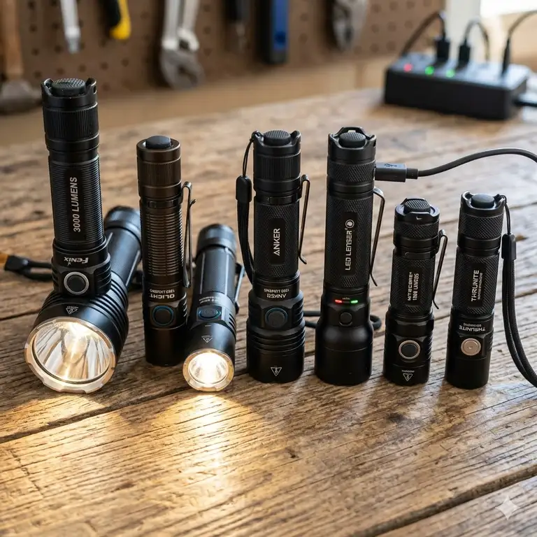 A selection of the best rechargeable flashlight high lumens models displayed for a product review guide.