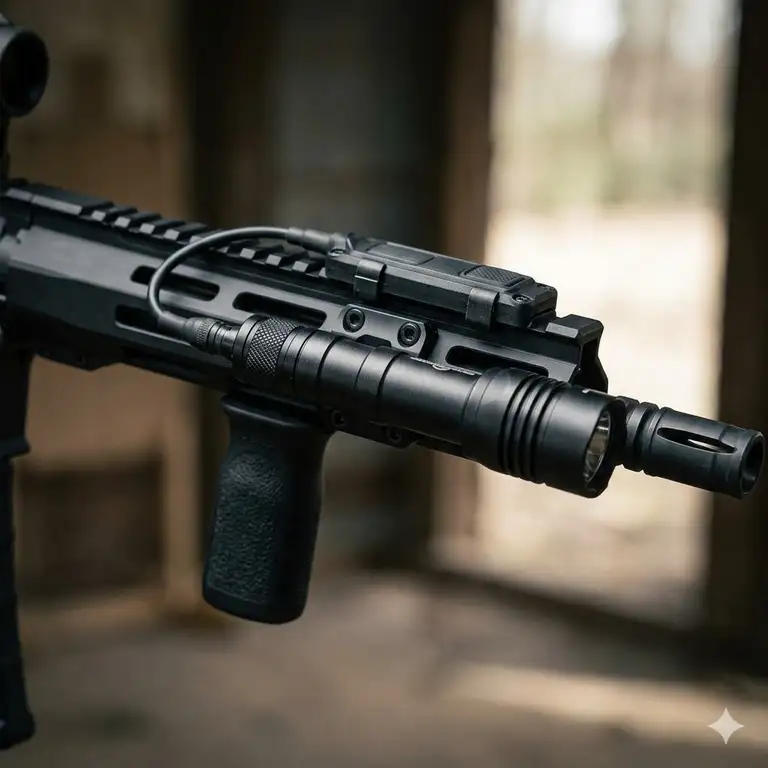 A high-quality tactical rifle equipped with one of the good rifle lights for low-light precision and home defense.