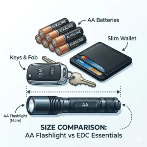A size comparison showing a compact aa flashlight next to common pocket items like keys and a wallet.