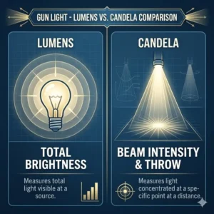 A diagram explaining the difference between lumens and candela in the best gun lights to show beam distance and intensity.