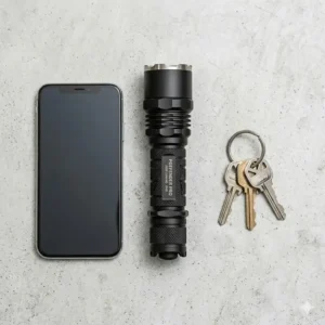 Illustration 1: A size comparison of the best personal defense flashlight next to a smartphone and keys.