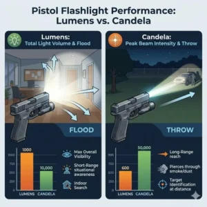 A comparison chart showing how lumens and candela influence the performance of the best pistol flashlight.