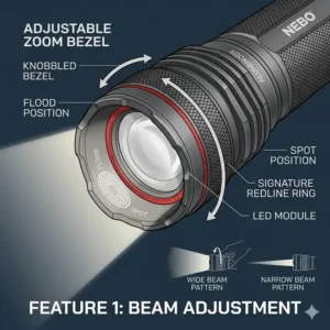 Illustration 1: A technical diagram showing the adjustable zoom lens features of a nebo redline flashlight.