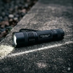 A rugged black tactical hand light with a textured grip and crenulated bezel.