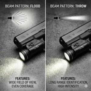 An illustration comparing flood and throw beam patterns for the best light for glock.