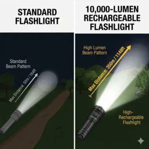 A comparison chart showing how the best rechargeable flashlight high lumens beam distance outperforms standard lights.