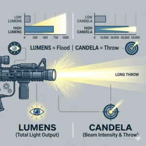 An infographic comparing lumen output and candela strength in good rifle lights to show beam distance and flood.