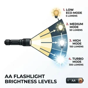 An illustration of various brightness levels and lumen outputs for a high-performance aa flashlight.