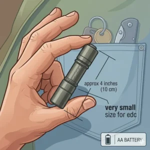An illustration of the best aa battery flashlight held in a hand to demonstrate its compact size for everyday carry.
