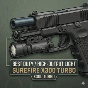 SureFire X300 Turbo attached to a frame, widely considered among the best glock 19 lights for duty and high-output performance.