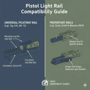 A technical guide illustrating the rail compatibility options for the best pistol flashlight.