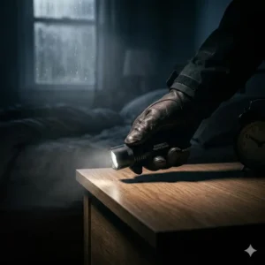 A compact emergency hand light sitting on a bedside table during a power outage.