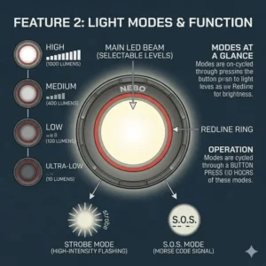 Illustration 2: An infographic displaying the different brightness levels and strobe modes of the nebo redline flashlight.