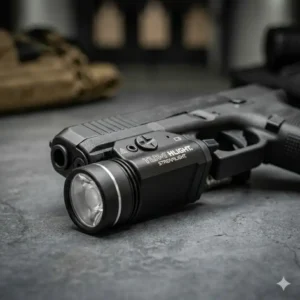 A Streamlight TLR-1 HL mounted on a handgun showing why it is one of the best pistol light brands for duty use.