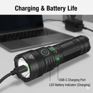 USB-C charging process for the best rechargeable flashlight high lumens to ensure long battery life.
