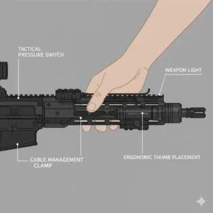 A top-down view showing the ergonomic placement of a remote pressure switch for one of the good rifle lights.