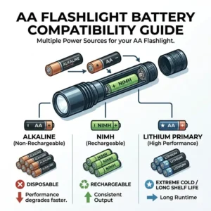 A guide showing how an aa flashlight can run on alkaline, NiMH, or lithium batteries.