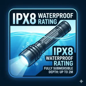 A technical drawing of the best aa battery flashlight being submerged in water to show its IPX8 waterproof durability.