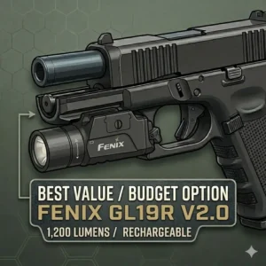 Fenix GL19R V2.0 installed on a pistol, a top choice for the best glock 19 lights in the budget and value category.